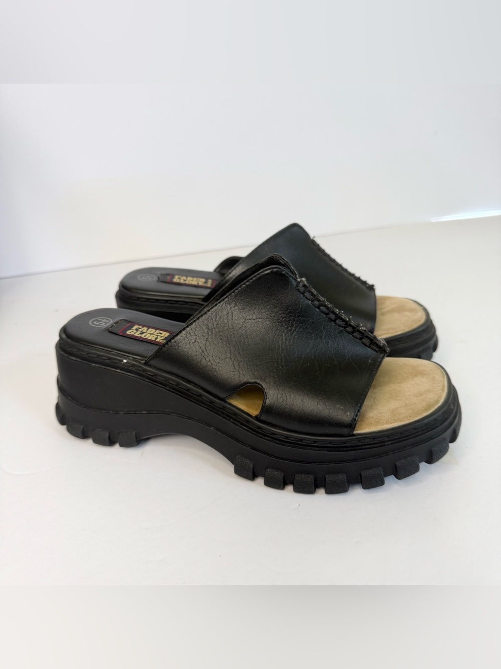 Vtg 90s Y2K Faded Glory Sz 5.5 Chunky Sandals Black Wedge Platform Slides